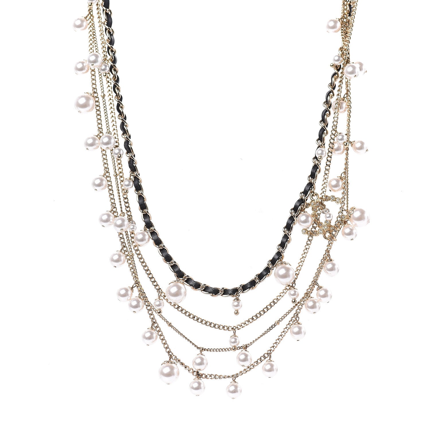 Chanel Pearl Crystal Lambskin CC Short Multi Strand Necklace Light Gold Black 1 of 5