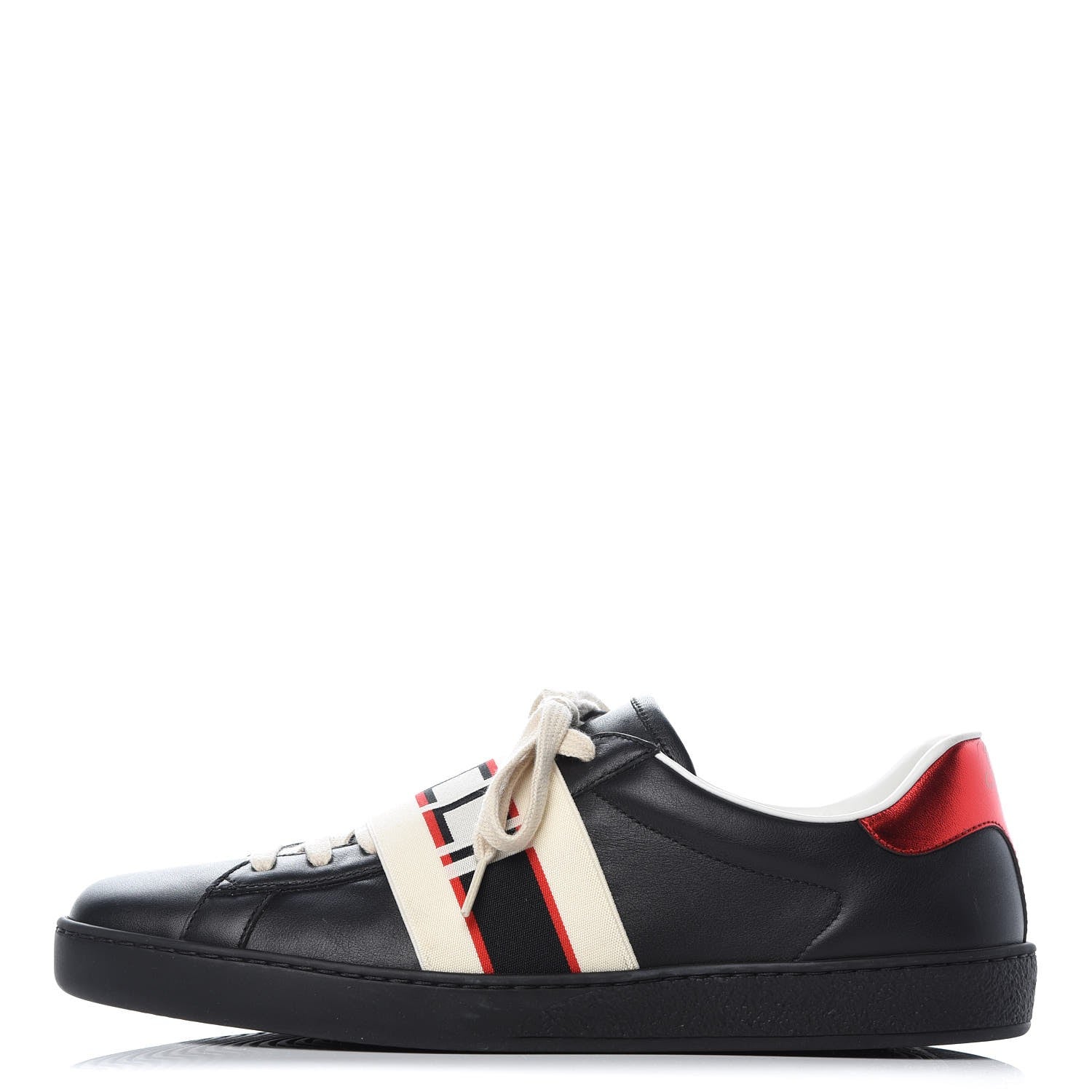 Gucci Calfskin Stripe Mens New Ace Sneakers 8 Black Ecru Red Flame 1 of 10