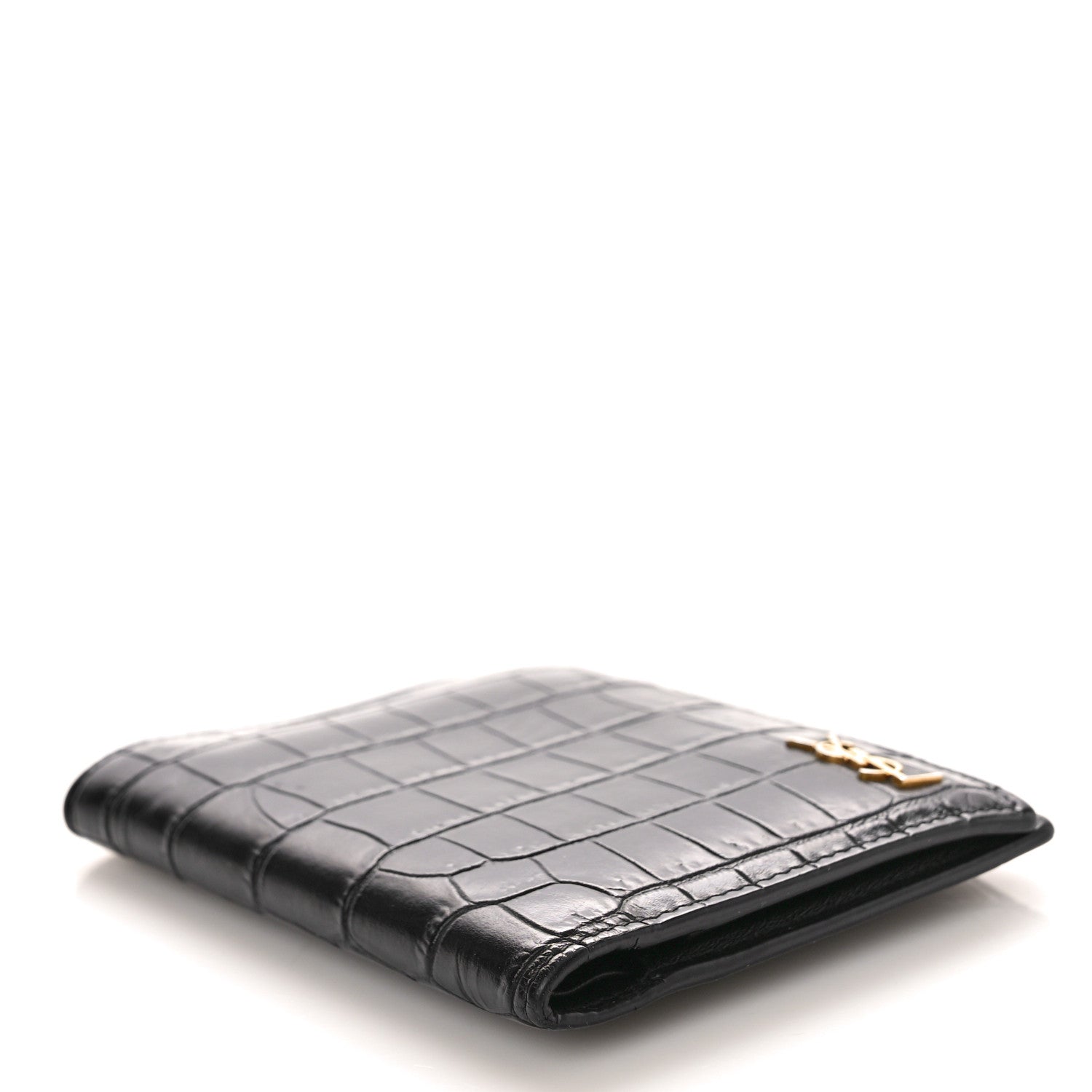 Saint Laurent Calfskin Crocodile Embossed Tiny Monogram Credit Card Wallet Black 4 of 9