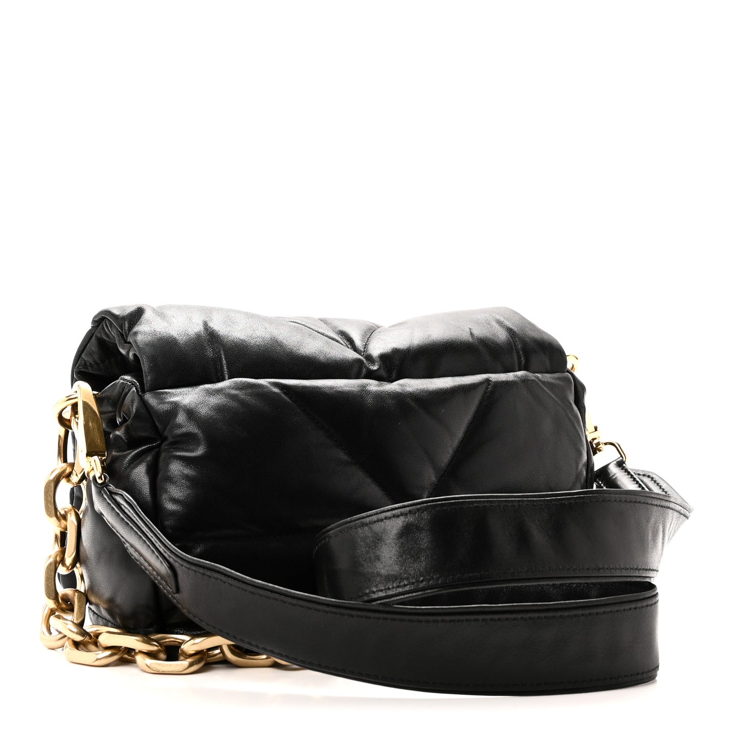 Nappa Soft Padded Logo Embossed Triangle Quilted Small Shoulder Bag Black