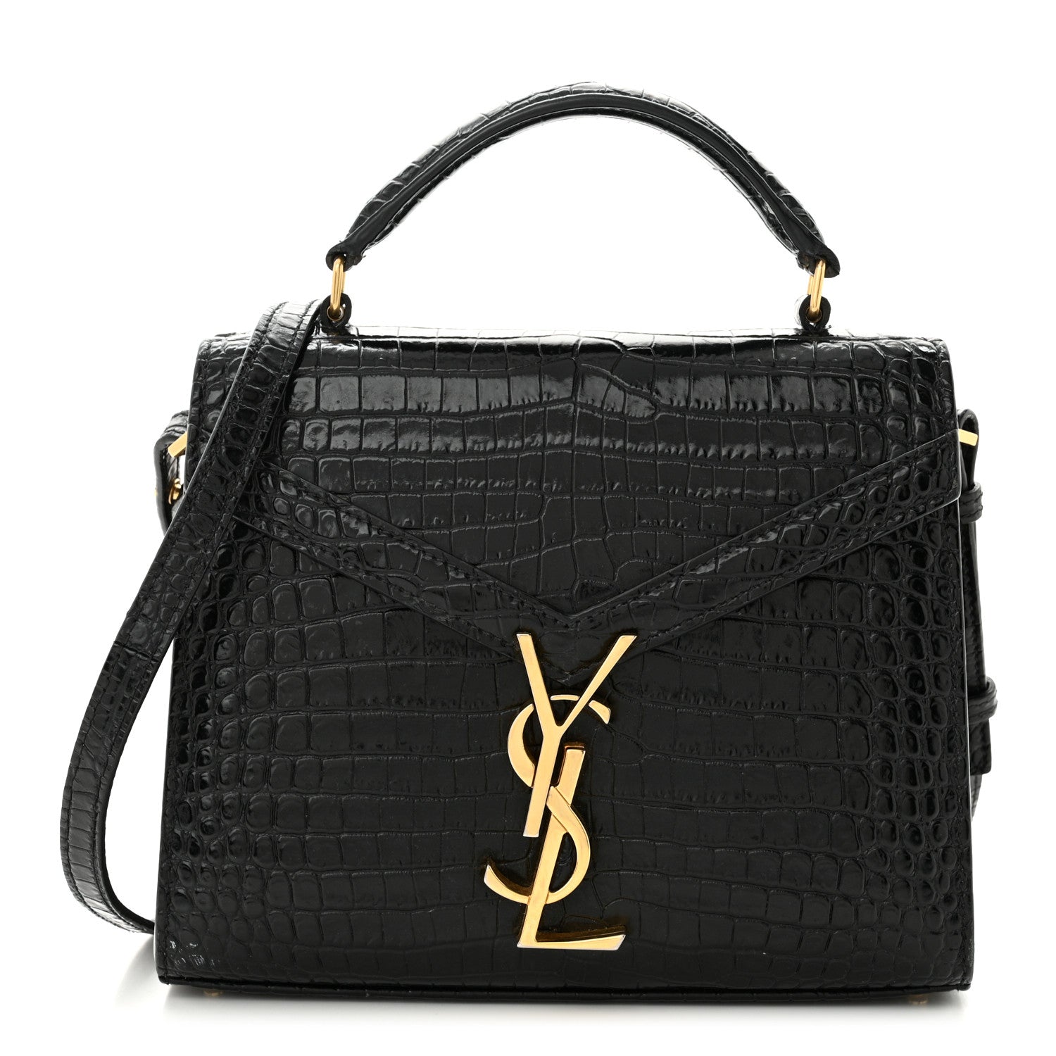 Saint Laurent Calfskin Crocodile Embossed Mini Classic Monogram Cassandra Top Handle Black 1 of 10