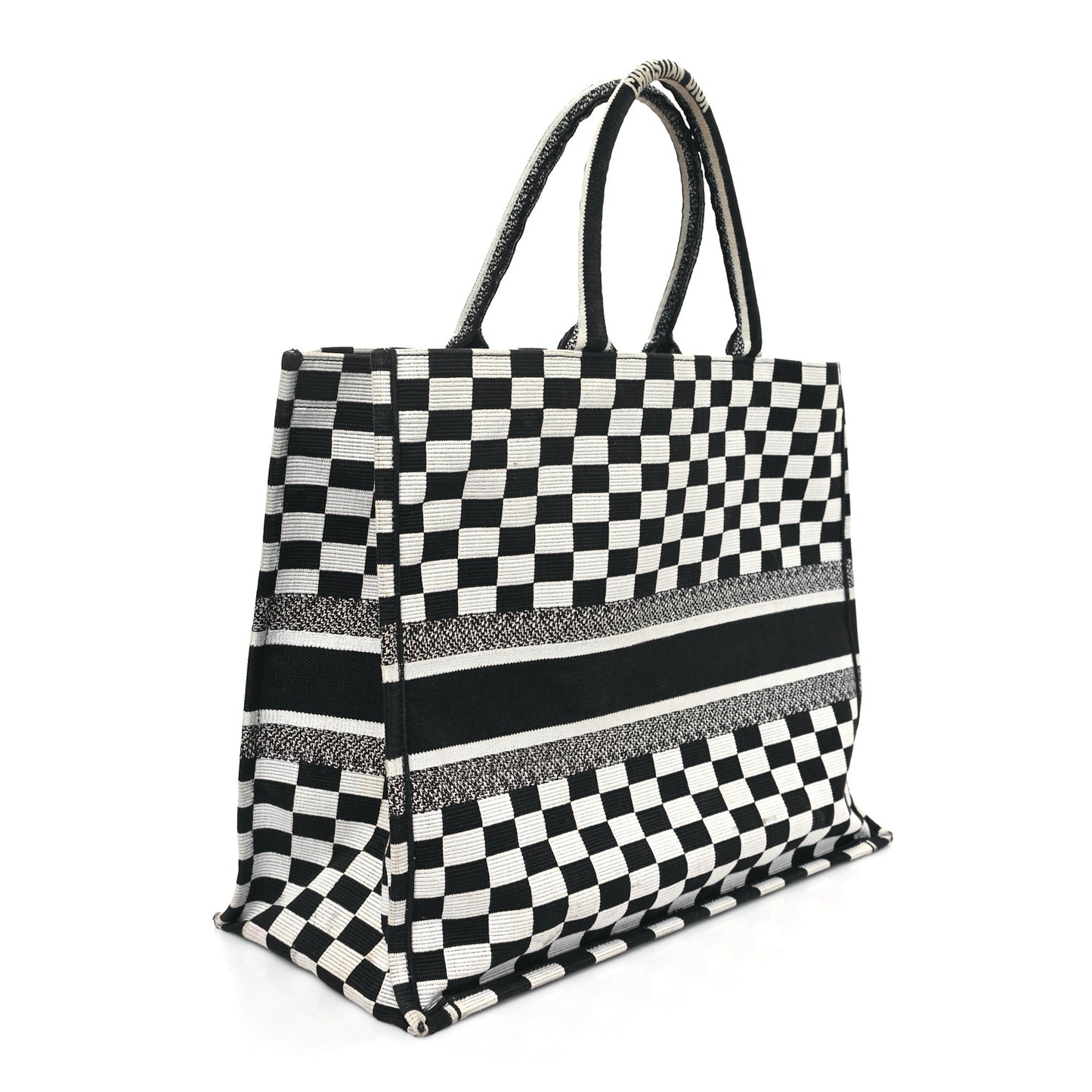 Canvas Embroidered Checkered Book Tote Black White