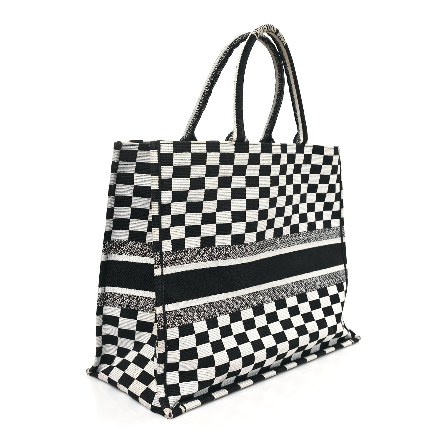 Christian Dior Canvas Embroidered Checkered Book Tote Black White 3 of 14