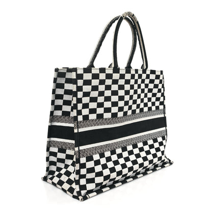 Christian Dior Canvas Embroidered Checkered Book Tote Black White 3 of 14