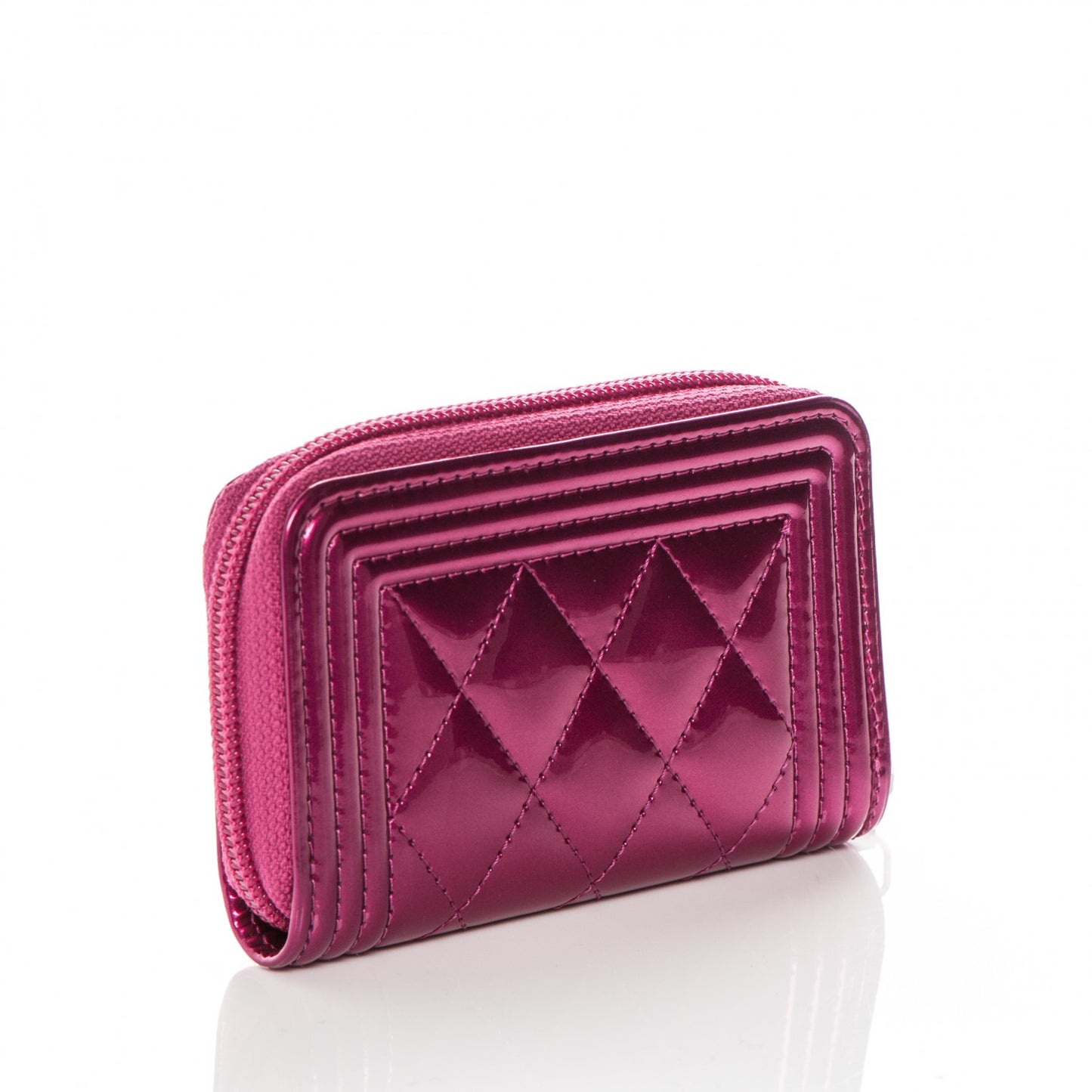 Metallic Patent Quilted Zip Around Boy Coin Purse Wallet Fuchsia