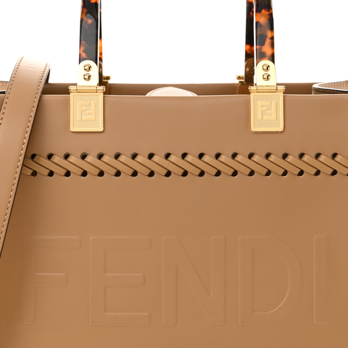 Vitello King Ceylon Plexiglass Woven Logo Debossed Small Fendi Sunshine Shopper Tote Miele Scuro