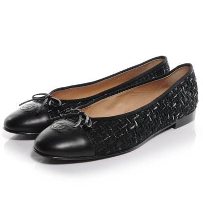 Chanel Lambskin Ribbon Tweed Cap Toe Ballet Flats 42 Black 3 of 7