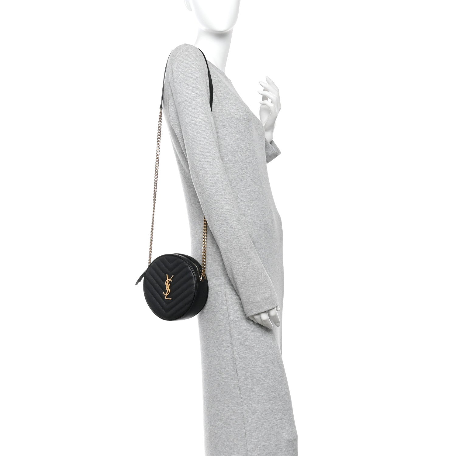 Saint Laurent Grain De Poudre Matelasse Chevron Quilted Round Vinyle Camera Bag Black 2 of 9
