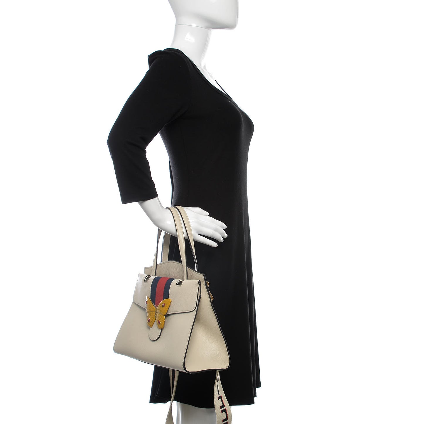 Grained Calfskin Web Stripe Butterfly Medium Totem Top Handle Bag White