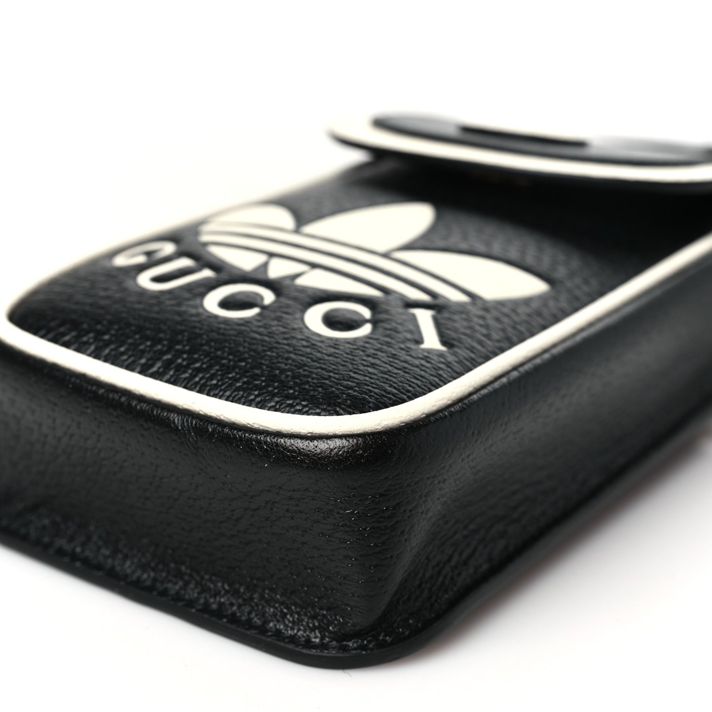 X ADIDAS Textured Dollar Calfskin Trefoil Embossed Phone Crossbody Bag Black Off White