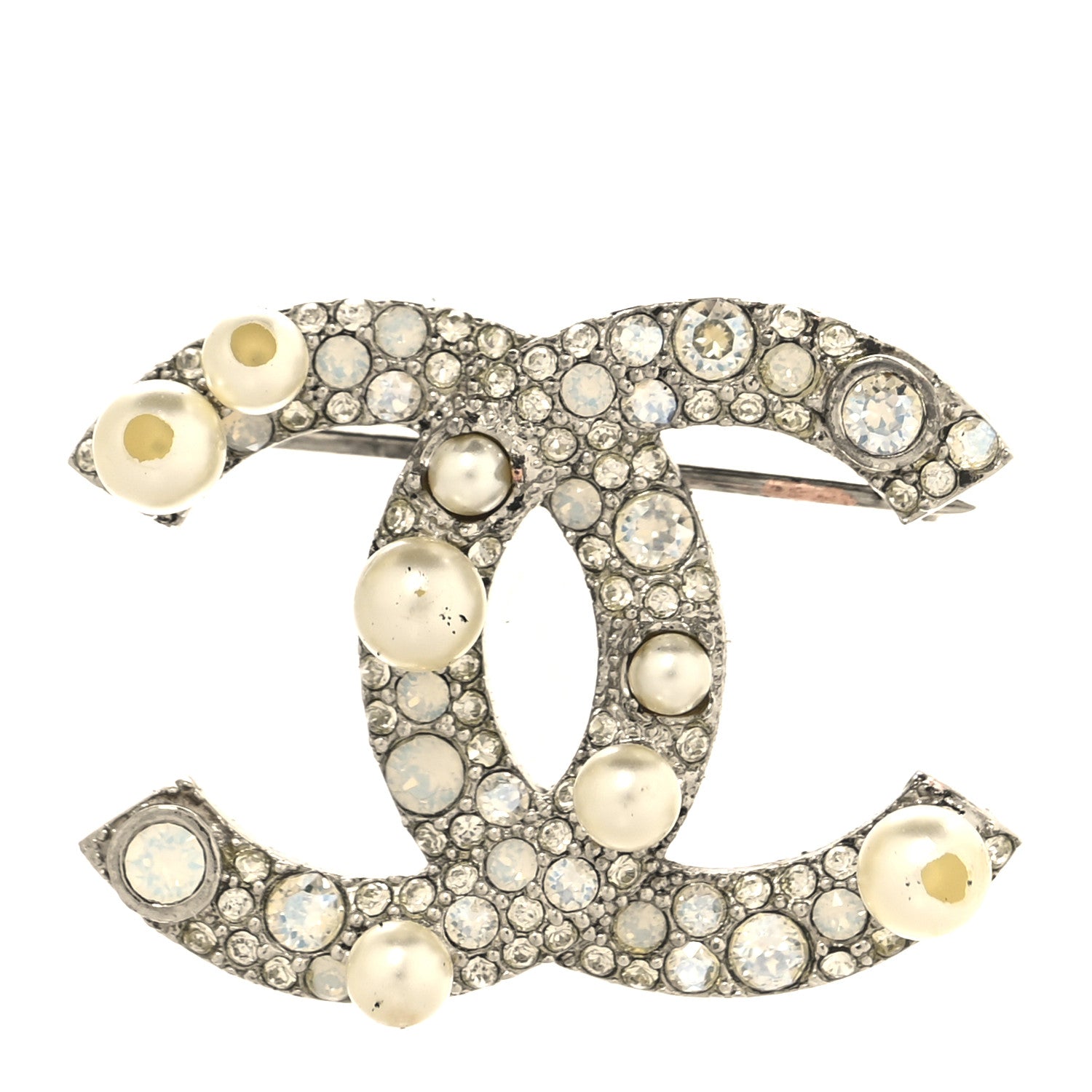 Chanel Metal Crystal Graduated Pearl CC Brooch Silver 1 of 4