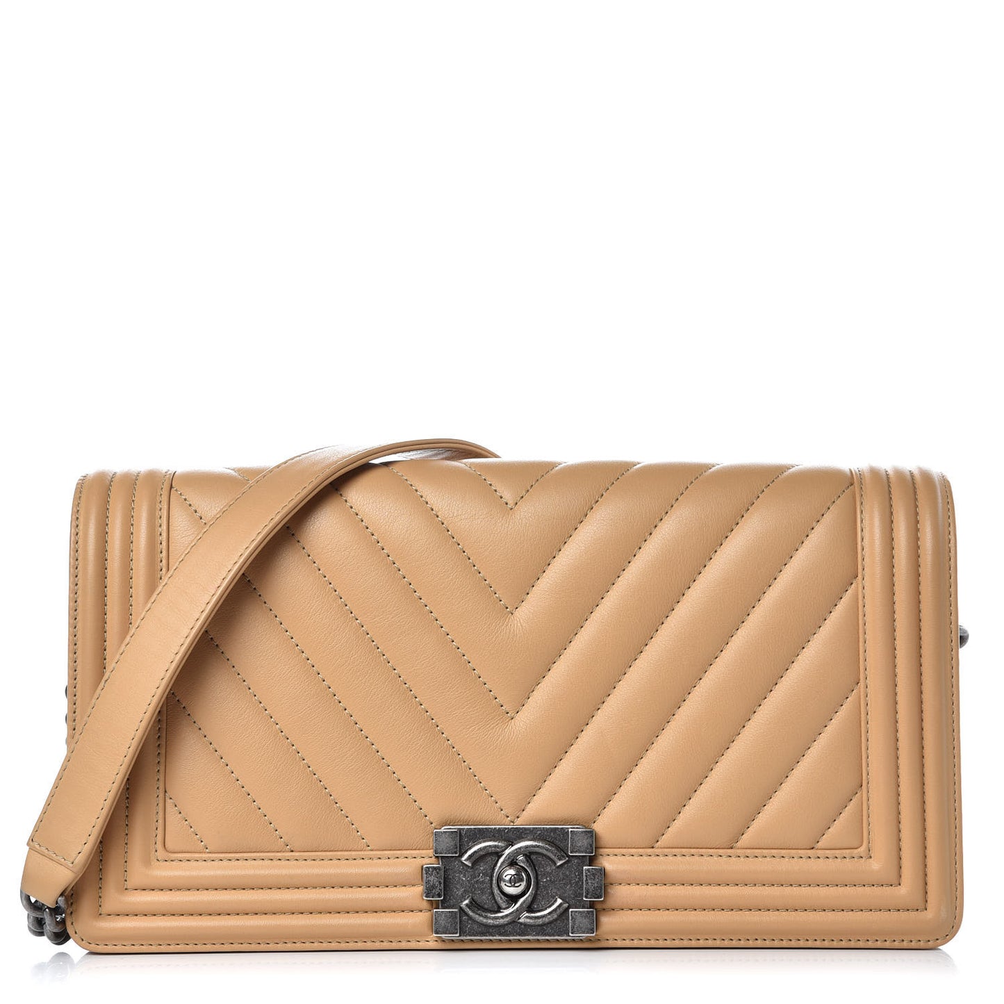 Calfskin Chevron Quilted Boy Convertible Clutch Flap Beige