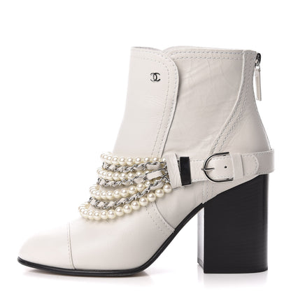 Chanel Crackled Calfskin Pearl Chain CC Short Boots 38.5 White 1 of 10