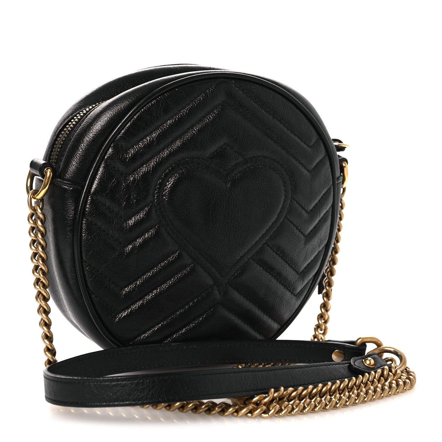 Gucci Azalea Calfskin Matelasse Heart Mini GG Marmont Round Shoulder Bag Black 2 of 9