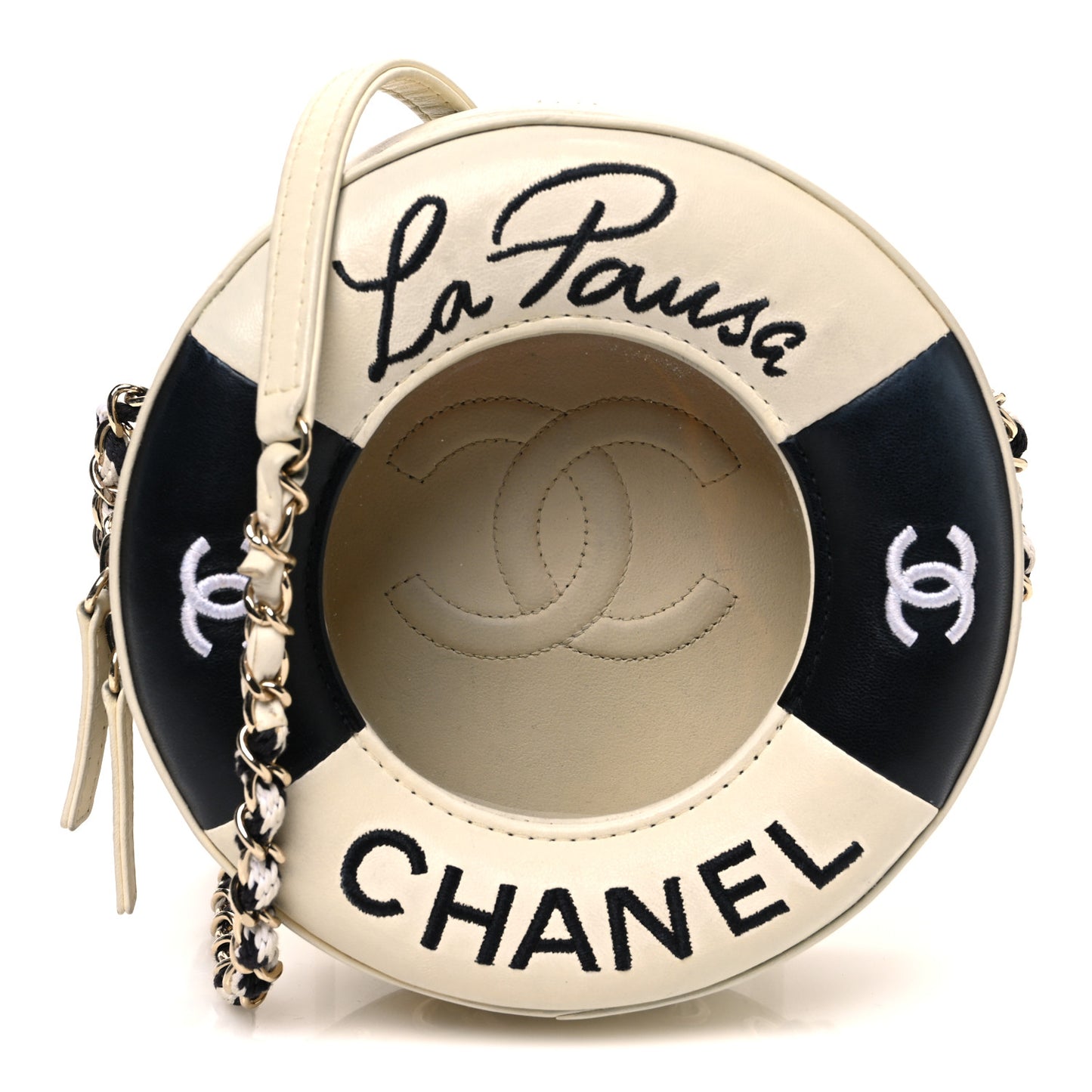 Lambskin Coco Lifesaver Round Bag Black White