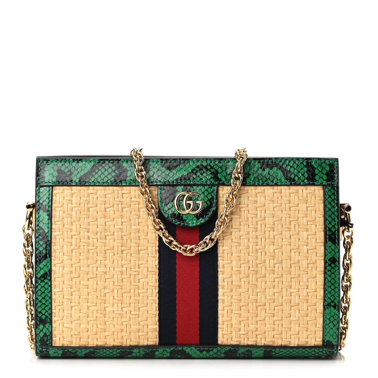 Gucci Raffia Elaphe GG Small Ophidia Chain Shoulder Bag Natural New Shamarock 1 of 13