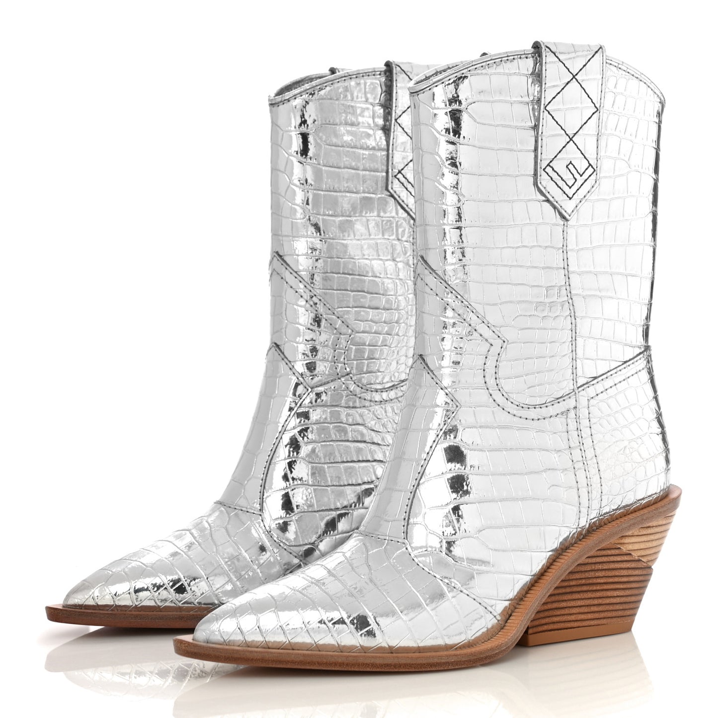 Metallic Calfskin Crocodile Embossed Cutwalk Ankle Boots 36 Silver