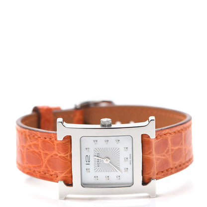 Hermes Stainless Steel Alligator Diamond Mother of Pearl 21mm Heure H Hour Quartz Watch Orange 2 of 5