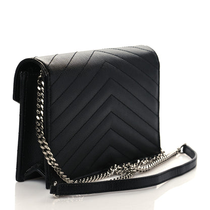 Saint Laurent Grain De Poudre Matelasse Chevron Monogram Envelope Chain Wallet Black 2 of 8