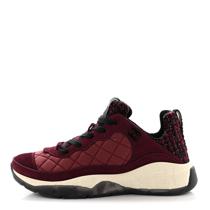 Chanel Tweed Suede Calfskin Grained Calfskin Womens CC Sneakers 37 Burgundy Black Silver 1 of 9