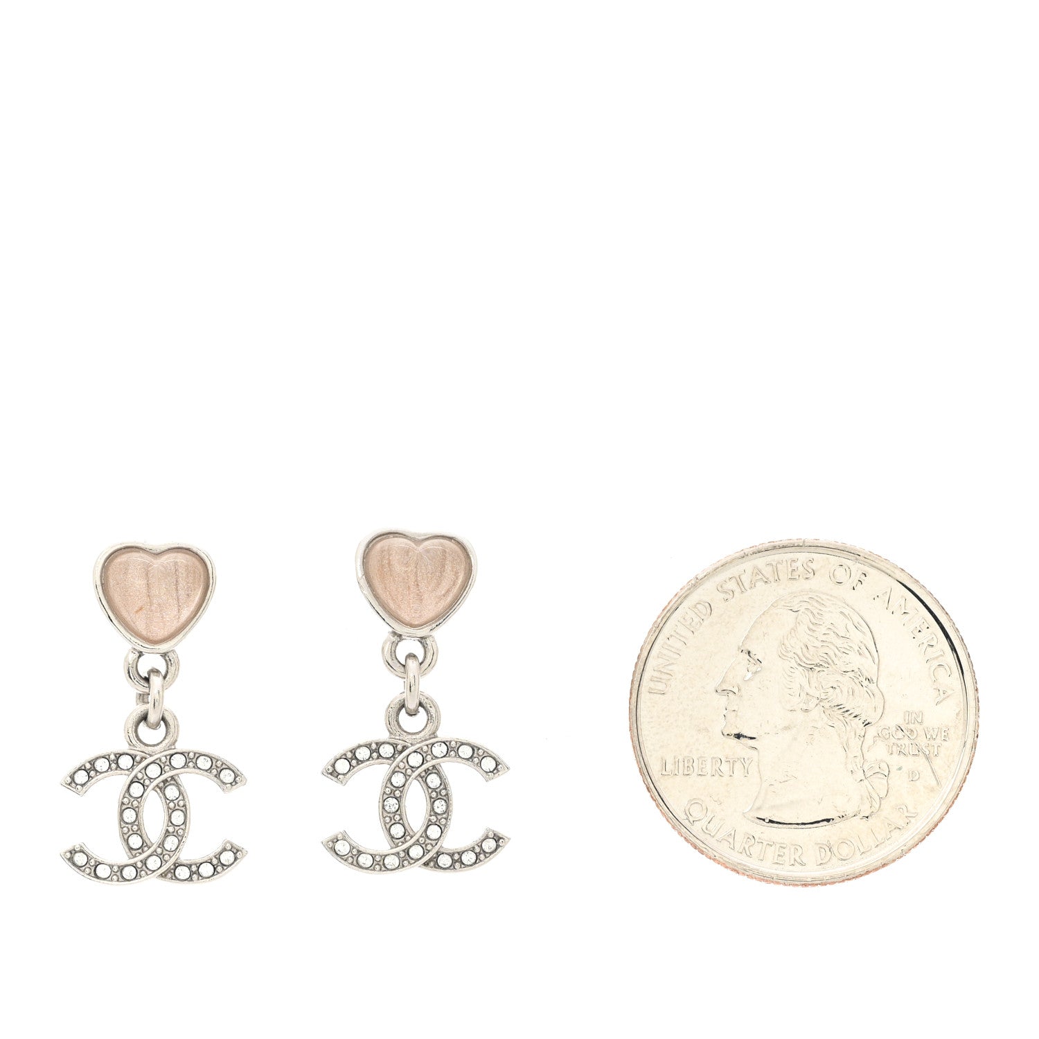 Chanel Crystal Resin CC Heart Drop Earrings Silver Pink 2 of 5