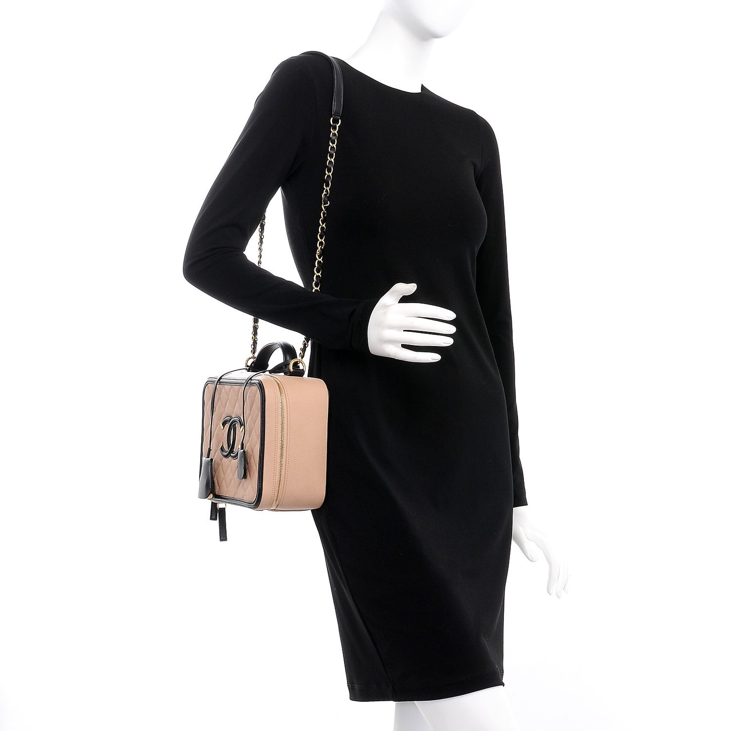 Caviar Quilted Large CC Filigree Vanity Case Beige Black