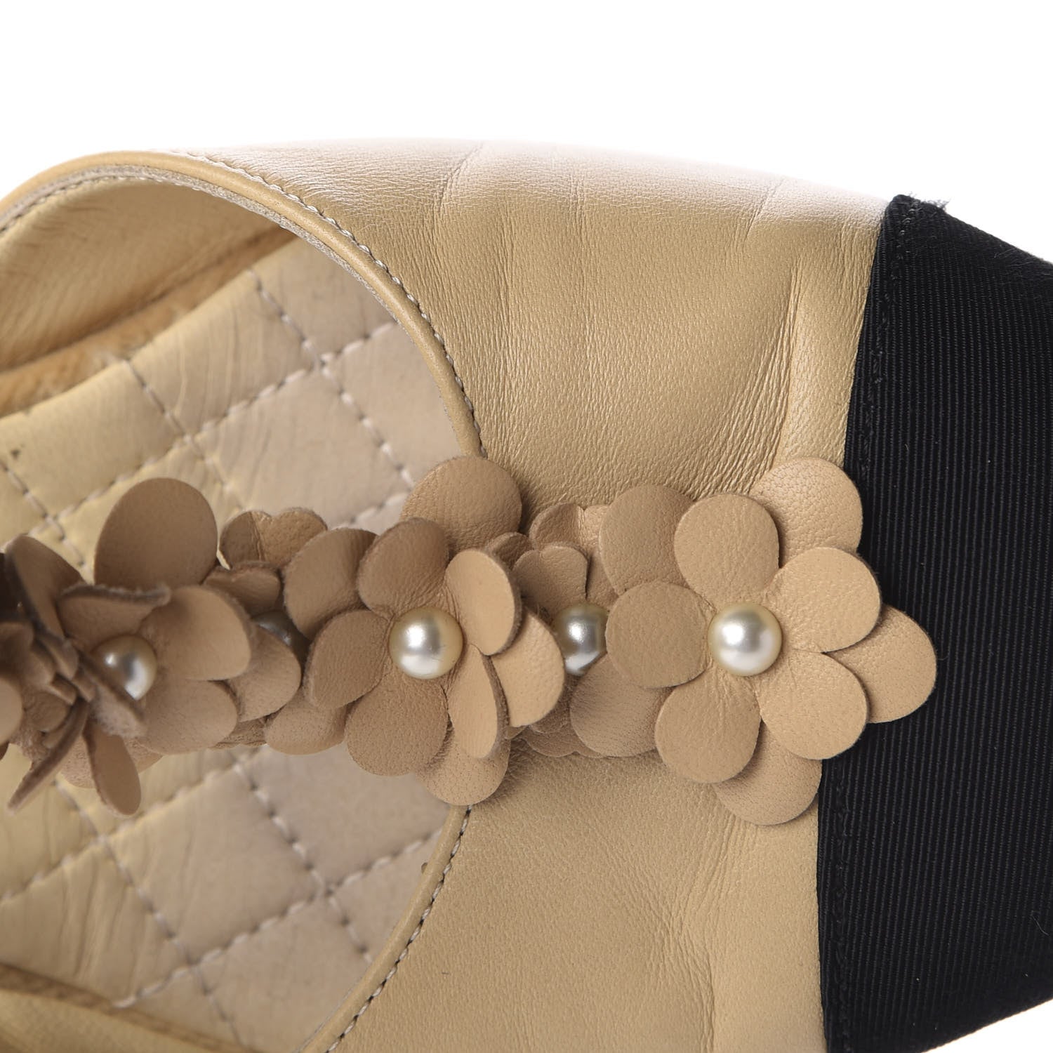 Chanel Lambskin Patent Grosgrain Pearl Camellia Pumps 37 Beige Black 11 of 18