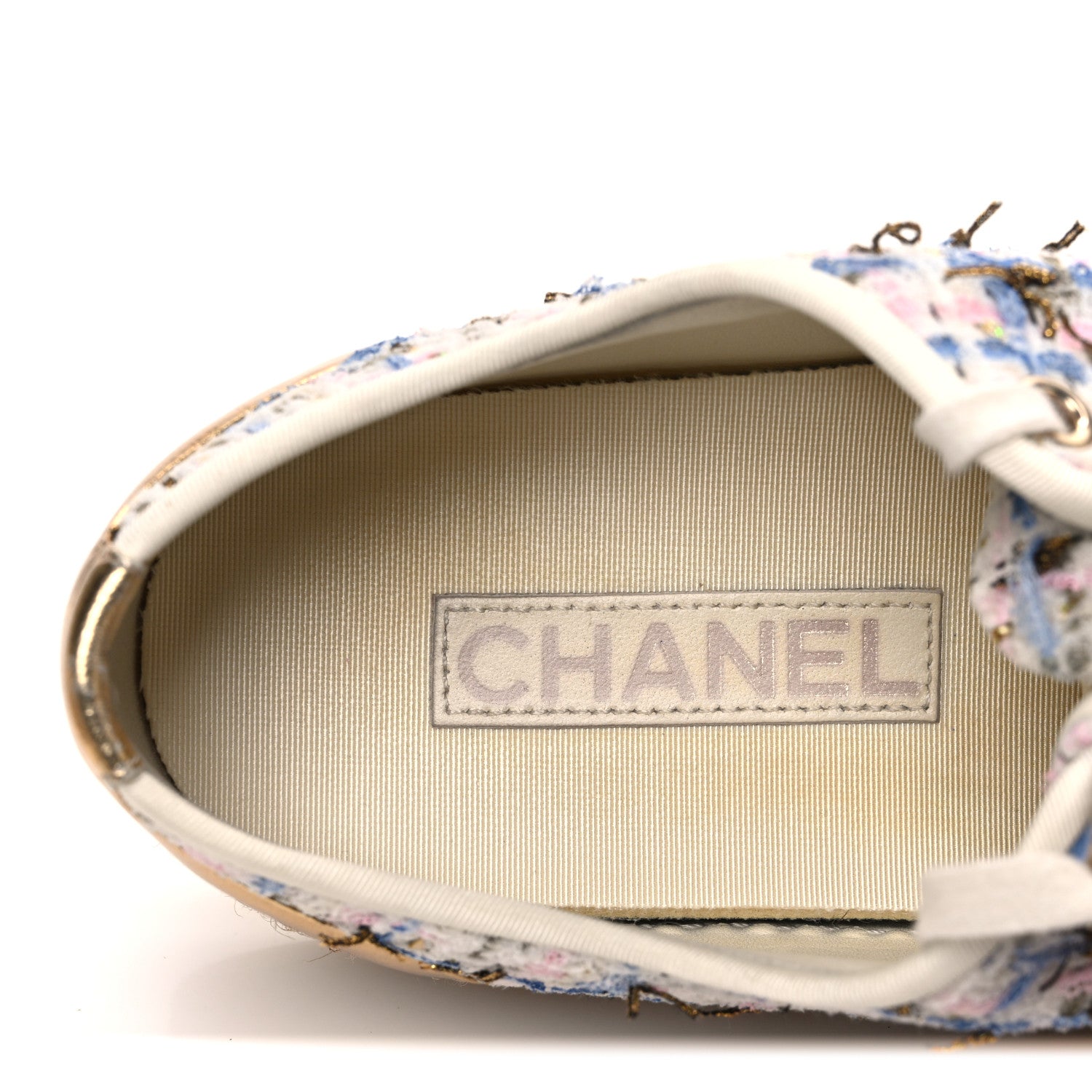 Chanel Tweed Laminated Lambskin Lace Up Espadrilles 39 Pink Blue Gold White 9 of 11