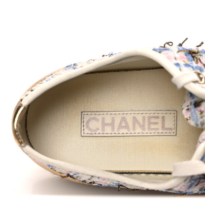 Chanel Tweed Laminated Lambskin Lace Up Espadrilles 39 Pink Blue Gold White 9 of 11