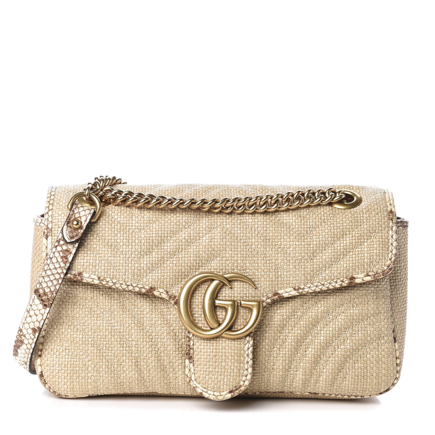 Raffia Elaphe Matelasse Small GG Marmont Shoulder Bag Natural Cream Brown