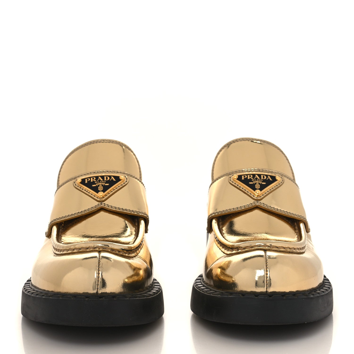 Prada Metallic Brushed Calfskin Metal Triangle Logo 50mm Loafers 39 Platino 3 of 8