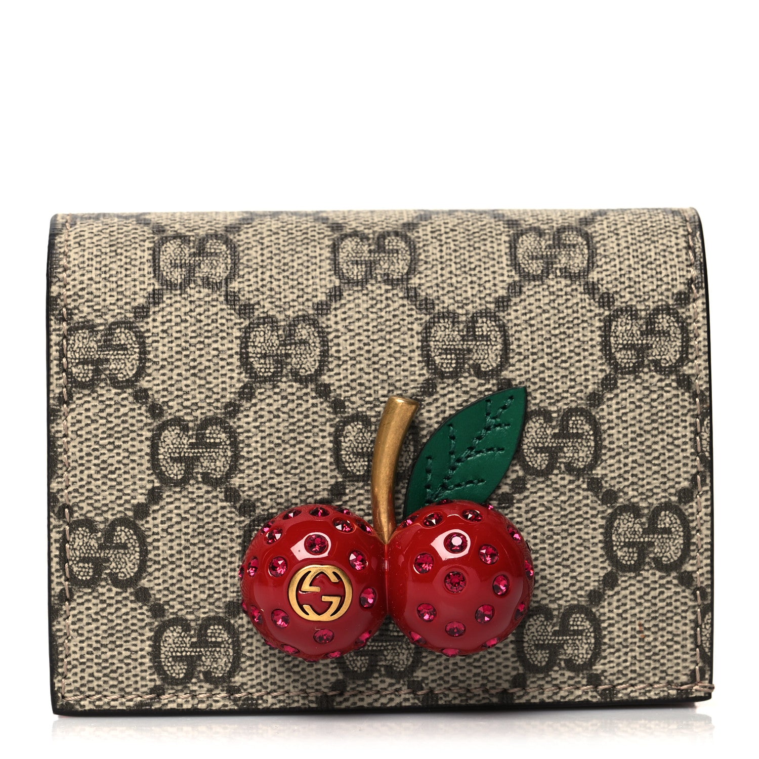 Gucci GG Supreme Monogram Cherry Embellished Card Case Wallet Hibiscus Red 1 of 12