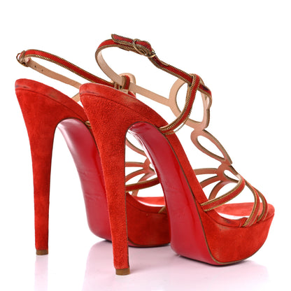 Christian Louboutin Veau Velours 20 Ans Chain Troisronds 140 Sandals 36.5 Mandarin Red Gold 4 of 25
