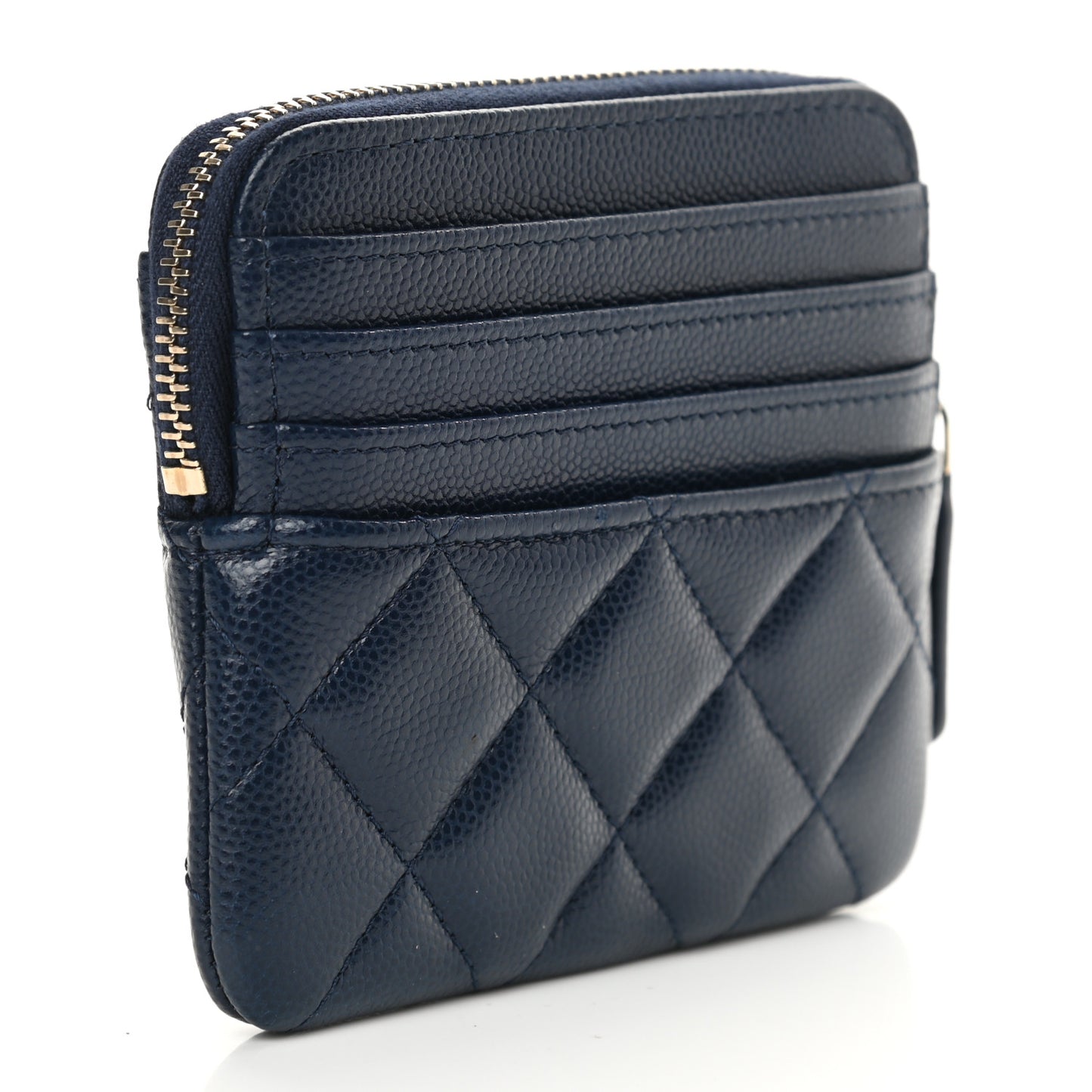 Caviar Quilted Crystal Zip Card Holder Wallet Navy