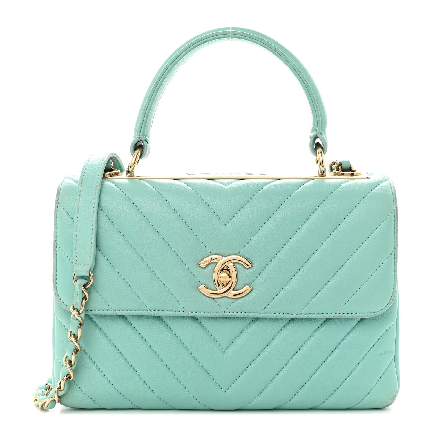 Chanel Lambskin Chevron Quilted Small Trendy CC Dual Handle Flap Bag Light Green 1 of 17