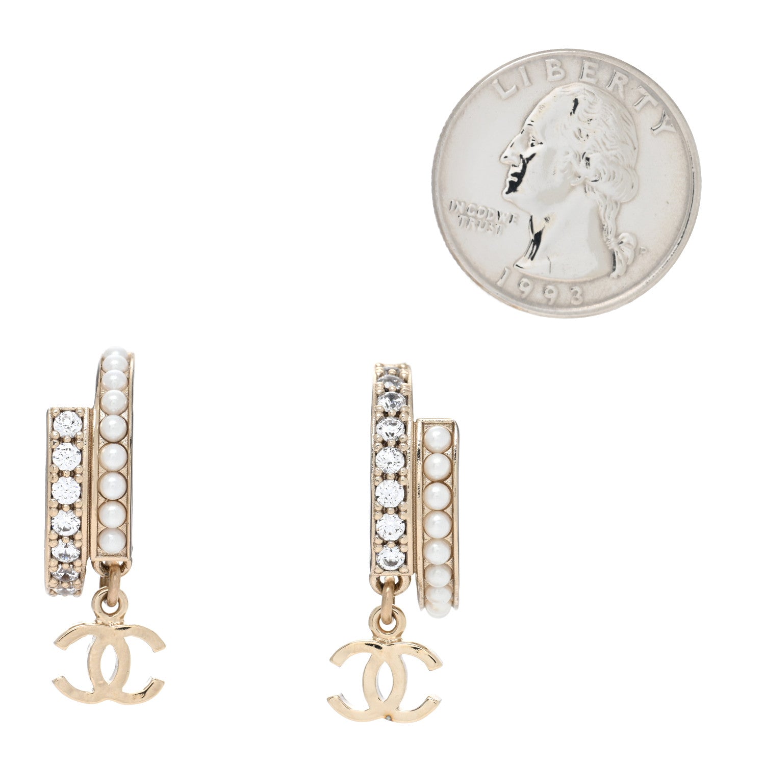 Chanel Crystal Pearl Logo Hoop CC Earrings Gold 2 of 4