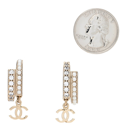 Chanel Crystal Pearl Logo Hoop CC Earrings Gold 2 of 4