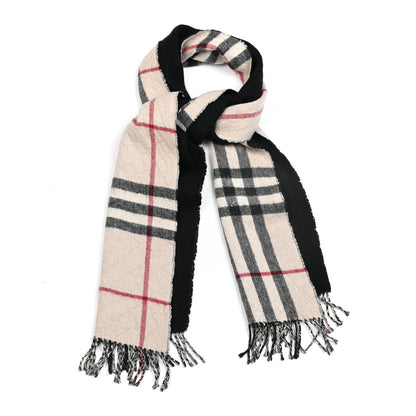 Burberry Cashmere Wool Half Mega Check Reversible Fringe Scarf Black 1 of 5
