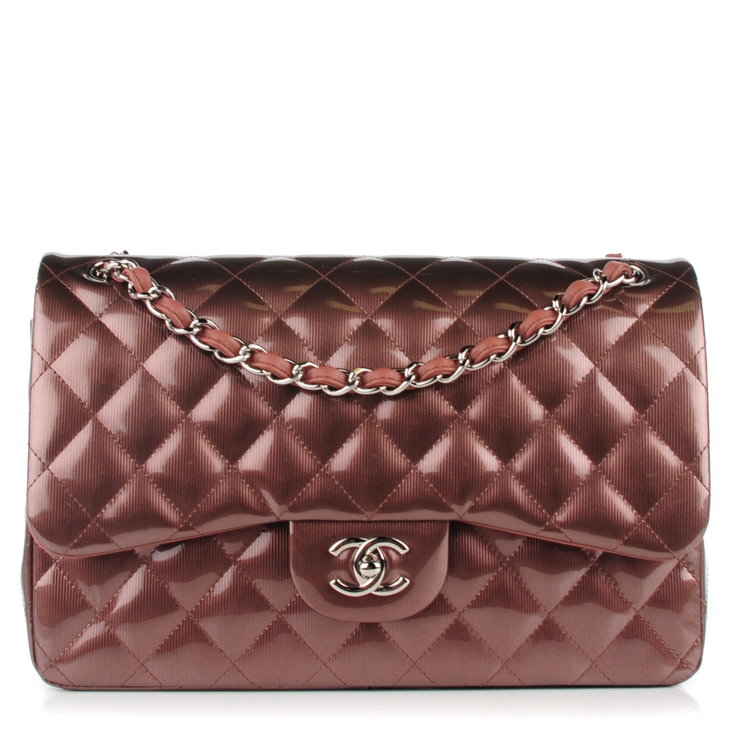 Chanel Striated Patent Quilted Jumbo Double Flap Dark Pink 1 of 8
