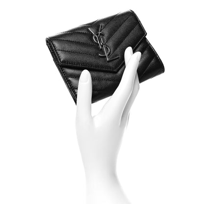 Saint Laurent Grain De Poudre Matelasse Chevron Monogram Compact Tri Fold Wallet Black 2 of 10