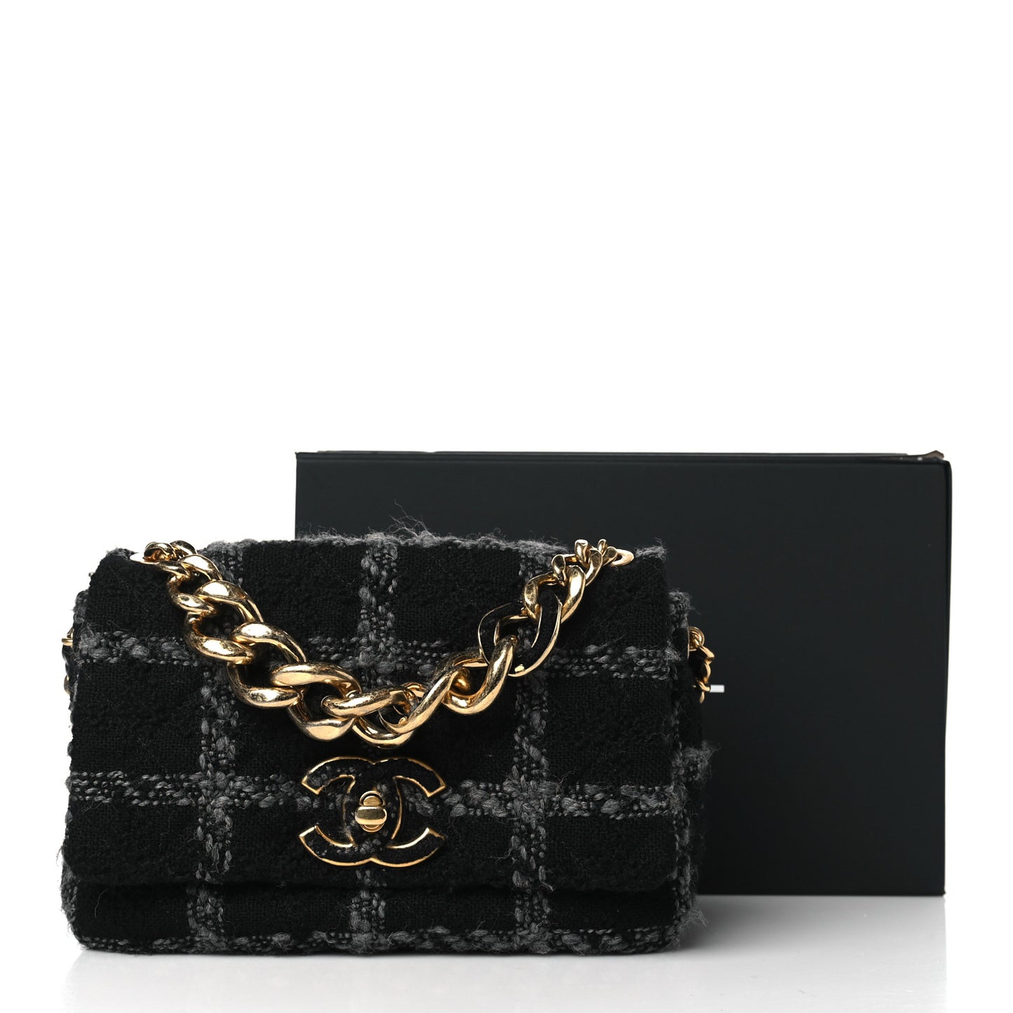 Wool Tweed Quilted Elegant Chain Flap Black Grey