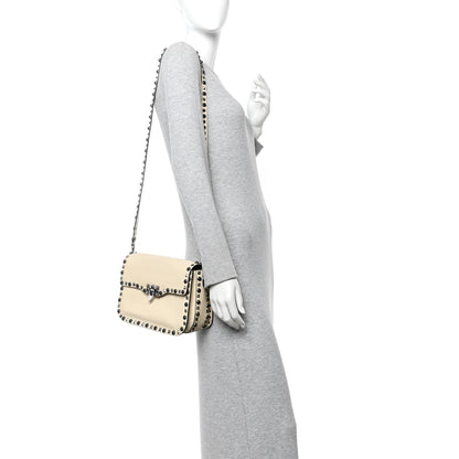 Valentino Garavani Pebbled Calfskin Onyx Medium Guitar Strap Rockstud Rolling Flap Saddle Bag Ivory 2 of 14