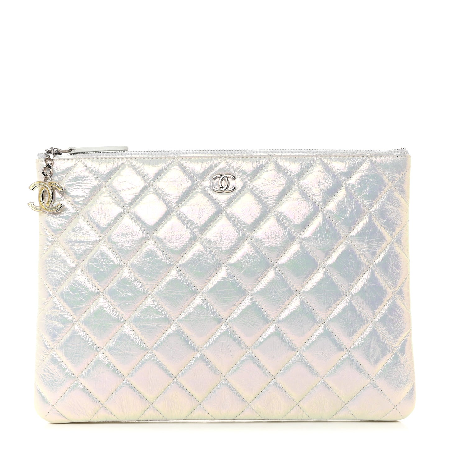 Iridescent Crumpled Calfskin CC Ripples Medium Cosmetic Case White