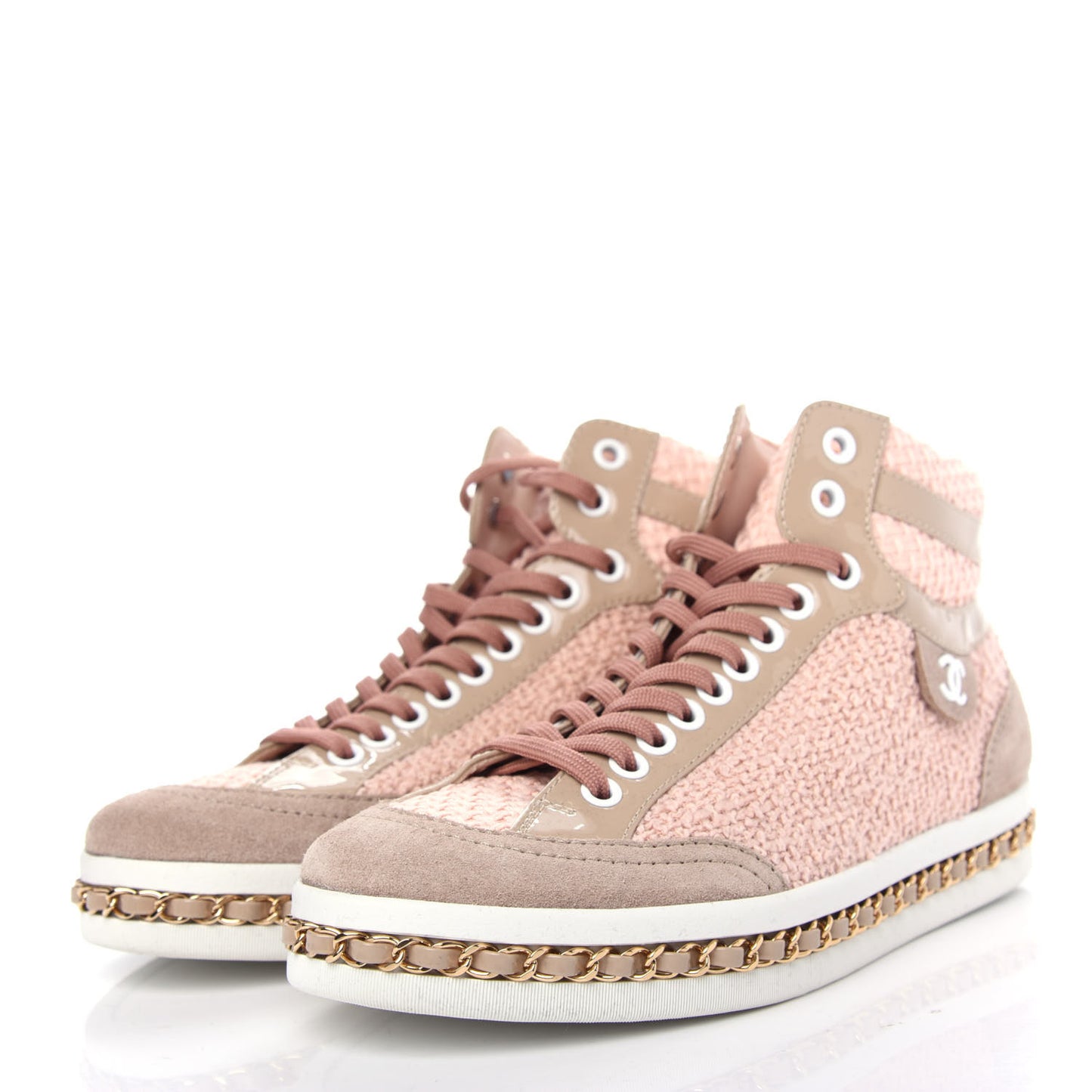 Tweed Patent Calfskin High Top Sneakers 37 Light Pink Light Beige