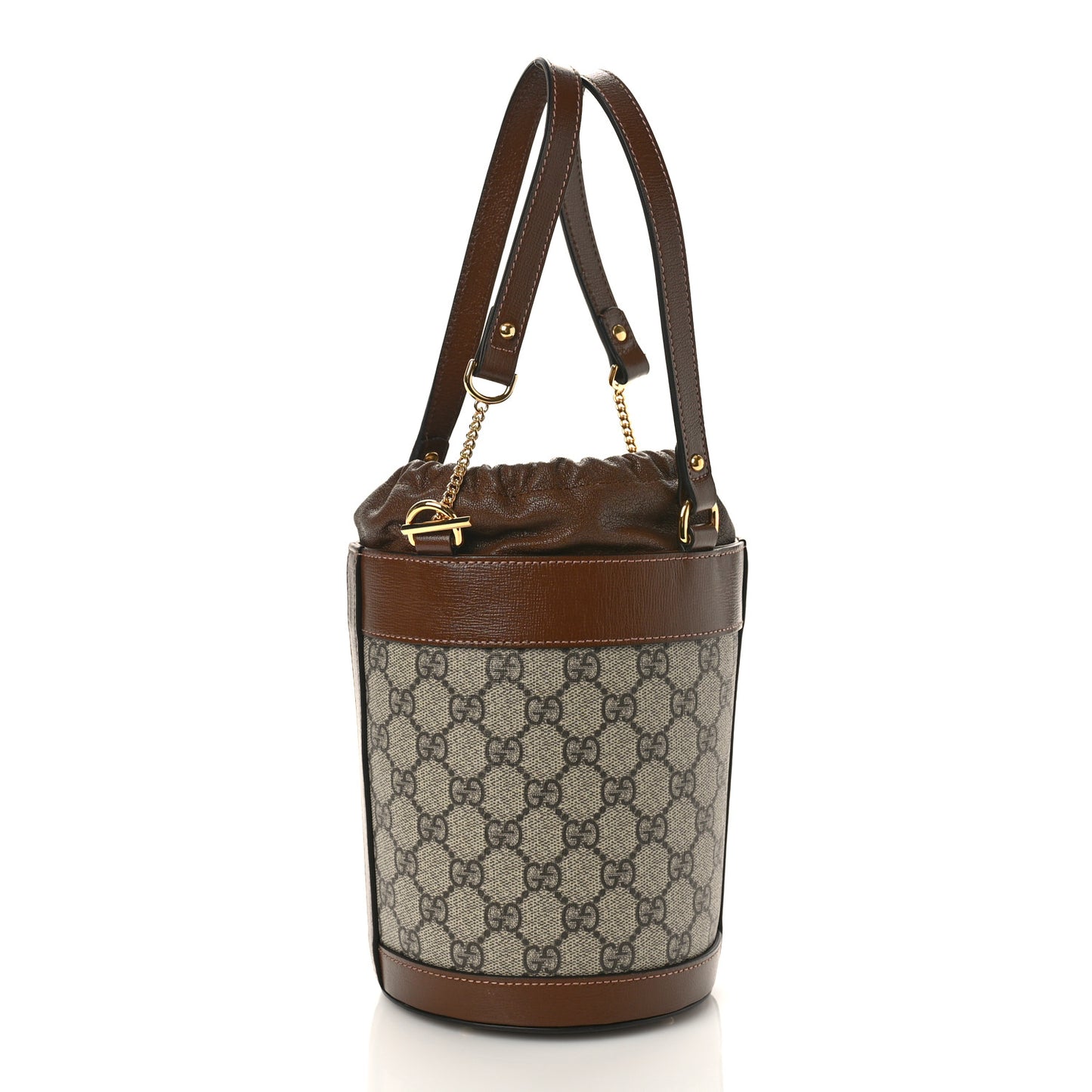GG Supreme Monogram Azalea Sakai Calfskin Small Horsebit 1955 Drawstring Bucket Bag Beige Ebony Brown Sugar