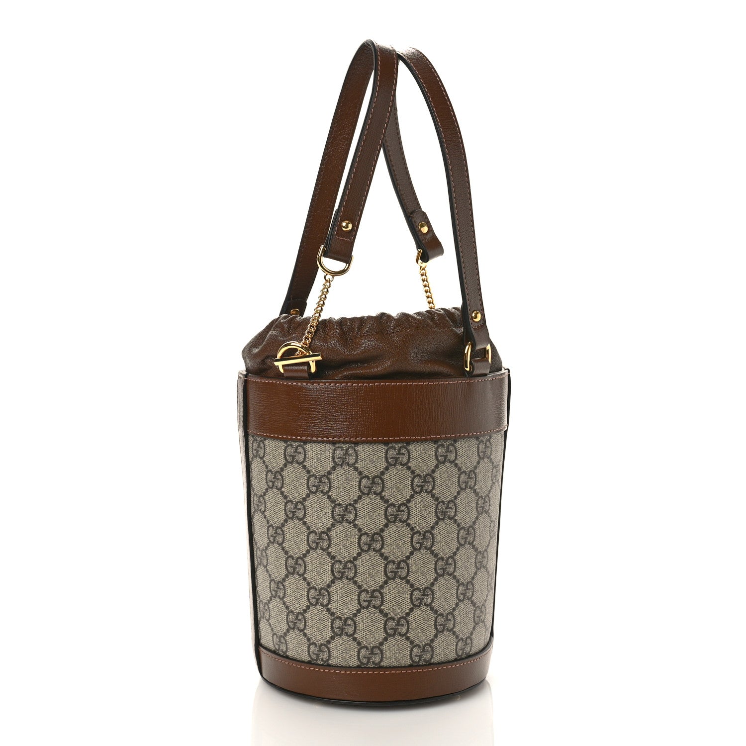 Gucci GG Supreme Monogram Azalea Sakai Calfskin Small Horsebit 1955 Drawstring Bucket Bag Beige Ebony Brown Sugar 3 of 9