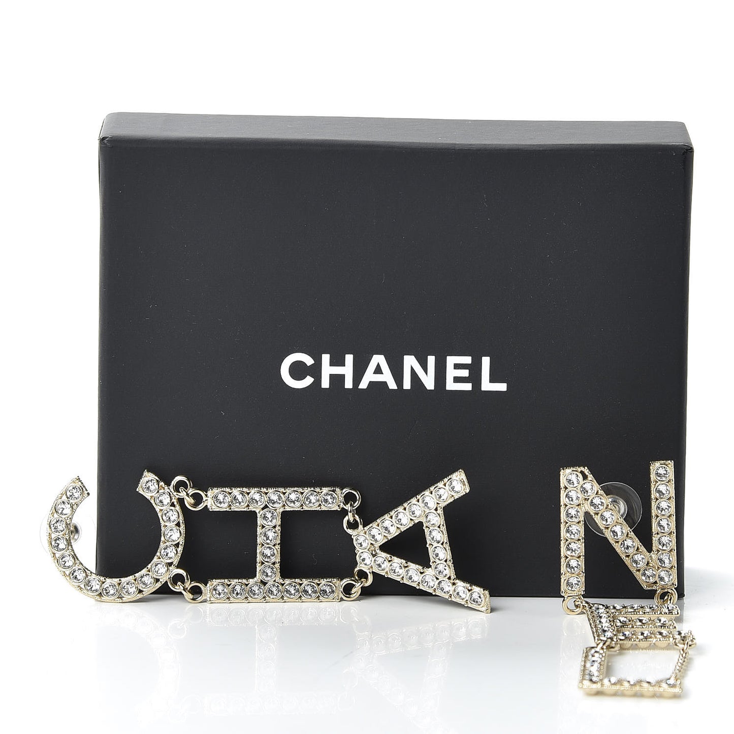 Crystal Cha-Nel Logo Drop Earrings Gold