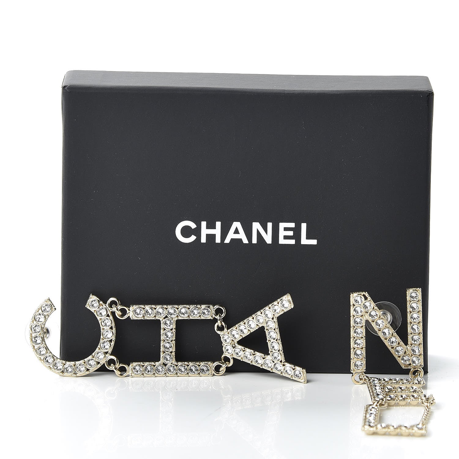 Chanel Crystal Cha-Nel Logo Drop Earrings Gold 5 of 5