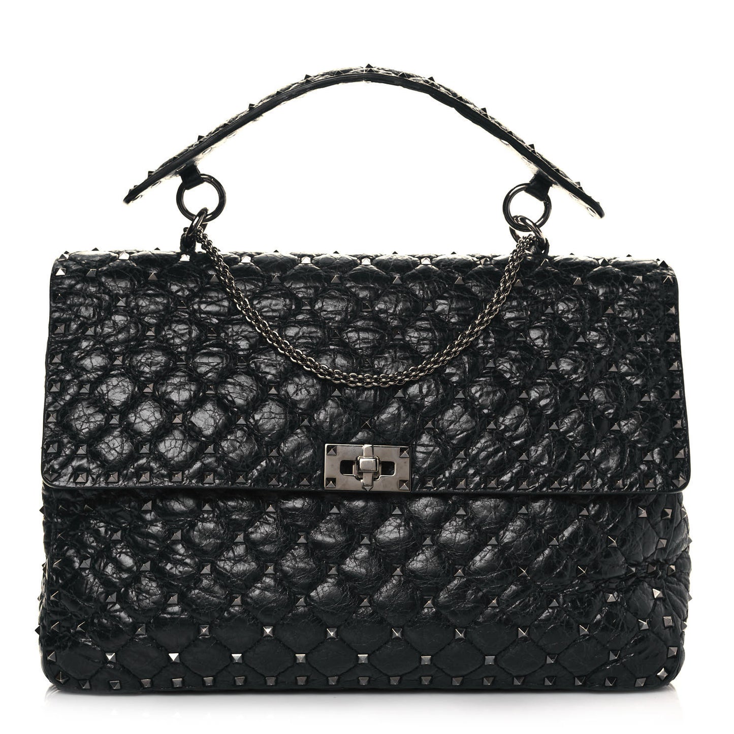 Craquele Nappa Maxi Rockstud Spike Shoulder Bag Black
