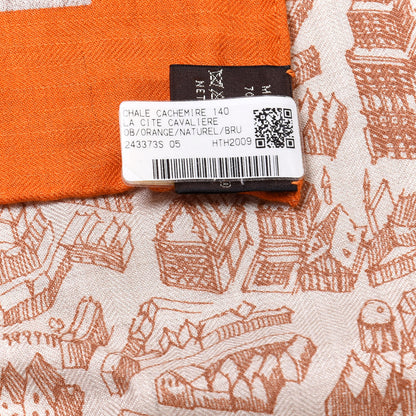 Hermes Cashmere Silk La Cite Cavaliere Shawl 140 Orange Naturel Brun 3 of 4